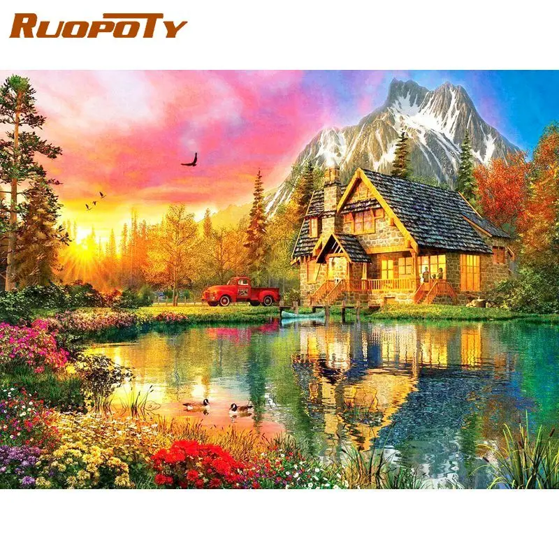 

RUOPOTY DIY Painting By Number Snow mountain house Drawing On Canvas Hand Painted Paintings Art Gift Pictures By Numbers Kits Ho