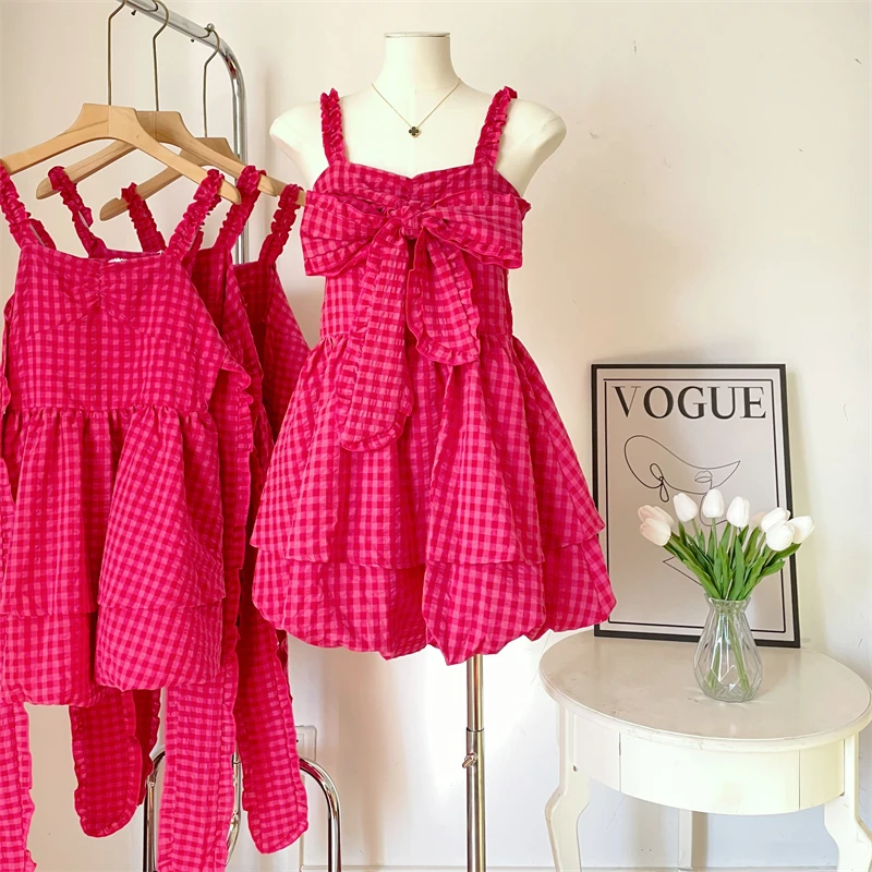 

Raspberry Rose Pink Bowknot Dress Summer Sweet Hot Girl Plaid Tie One-Piece Bundled Puffy Cake Short Pants Vestido Midi Elegant