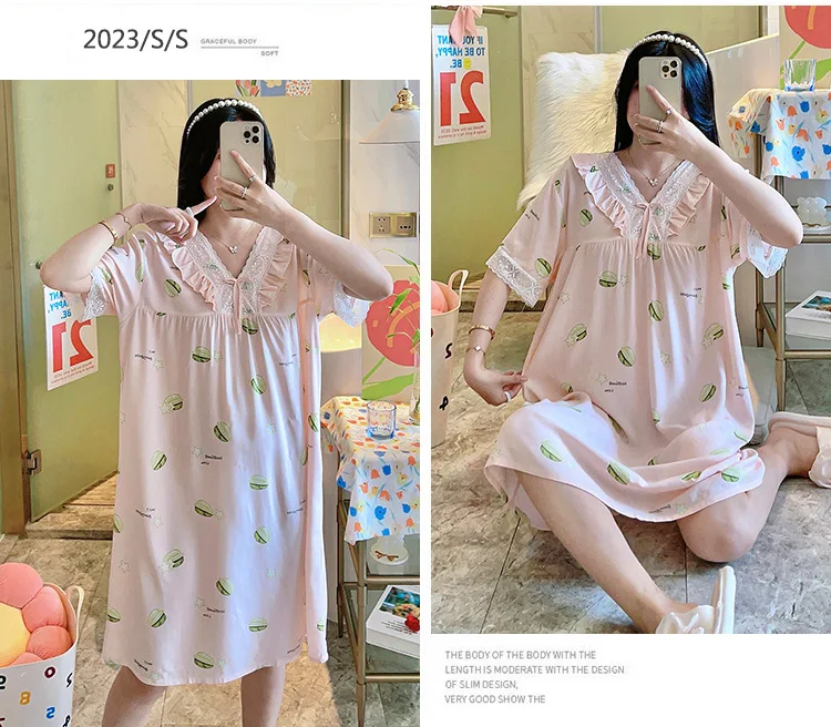 Baumwolle Rayon Nachtwäsche Frauen Sommer Kurzarm Lose V-ausschnitt Nachthemd Süße Hause Tragen Nachthemden Weibliche Nachtwäsche Kleid – Detail 10