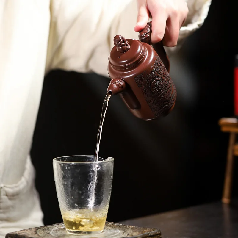 Chinese Style Teapot, Purple Clay Iron Red Dragon Blood Sand, Kung Fu Household, Handmade, 320ml high-capacity Pot, New, 1Pc