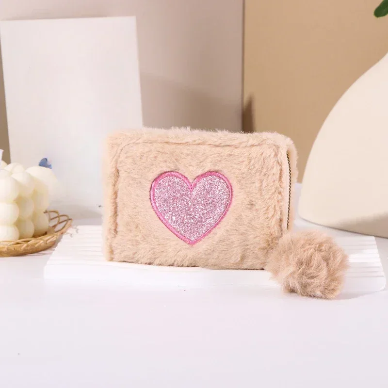 Women's Cute Plush Heart Print Wallet Zipper Coin Purse ID Credit Card Holder Clutch Bag Mini Purse Coin Pouch Card Wallet 4