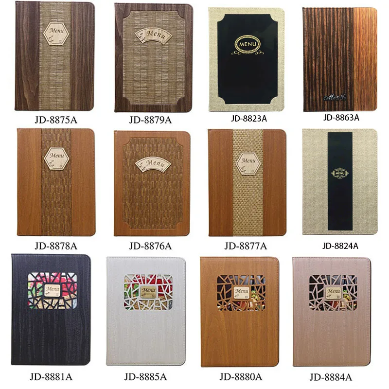 PU Leather Cover Menu Folder For 204x290mm Papers With 8 Sheets Plastic Bag
