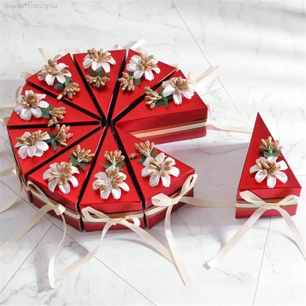 Triangle Cake Shape Candy Boxes with Flower Bow Wedding Birthday Party Decoration Supplies Wedding Candy Bag Packaging Boxes