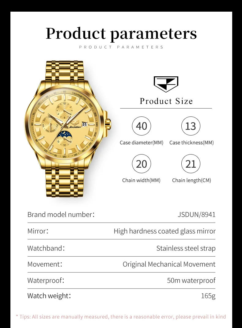 JSDUN 8941 Men's Watch Auto Date Moon Phase Mechanical Watch For Men Fashion Waterproof Business Man Automatic Wristwatch