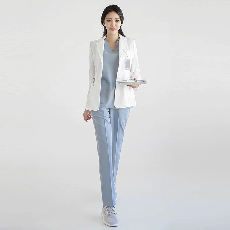 White Lab Coat Lapel Collar Button Medical Nurse Doctor Uniform Clothing Women Men Unisex Long Sleeve Tunic Blouse