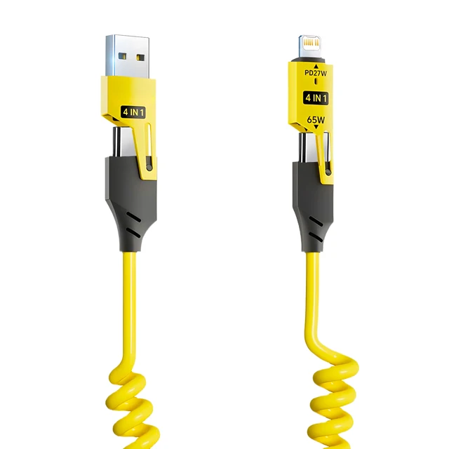 4 in 1 65W Spring Short Data Cable 6A USB Type C Spring Telescopic Quick Charger Wire Spring USB Cable for iPhone 15 14 13 12 2