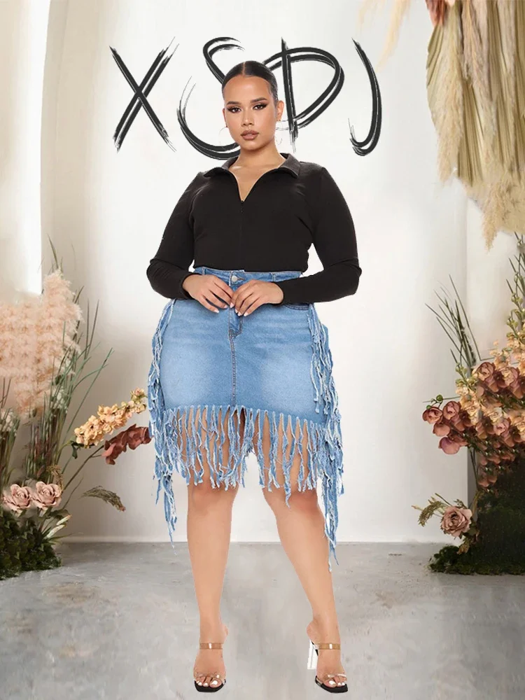 

Denim Skirt Women Summer Short Sexy Skirt with Tassel Tight Plus Size Jeans Skirt Ladies Large