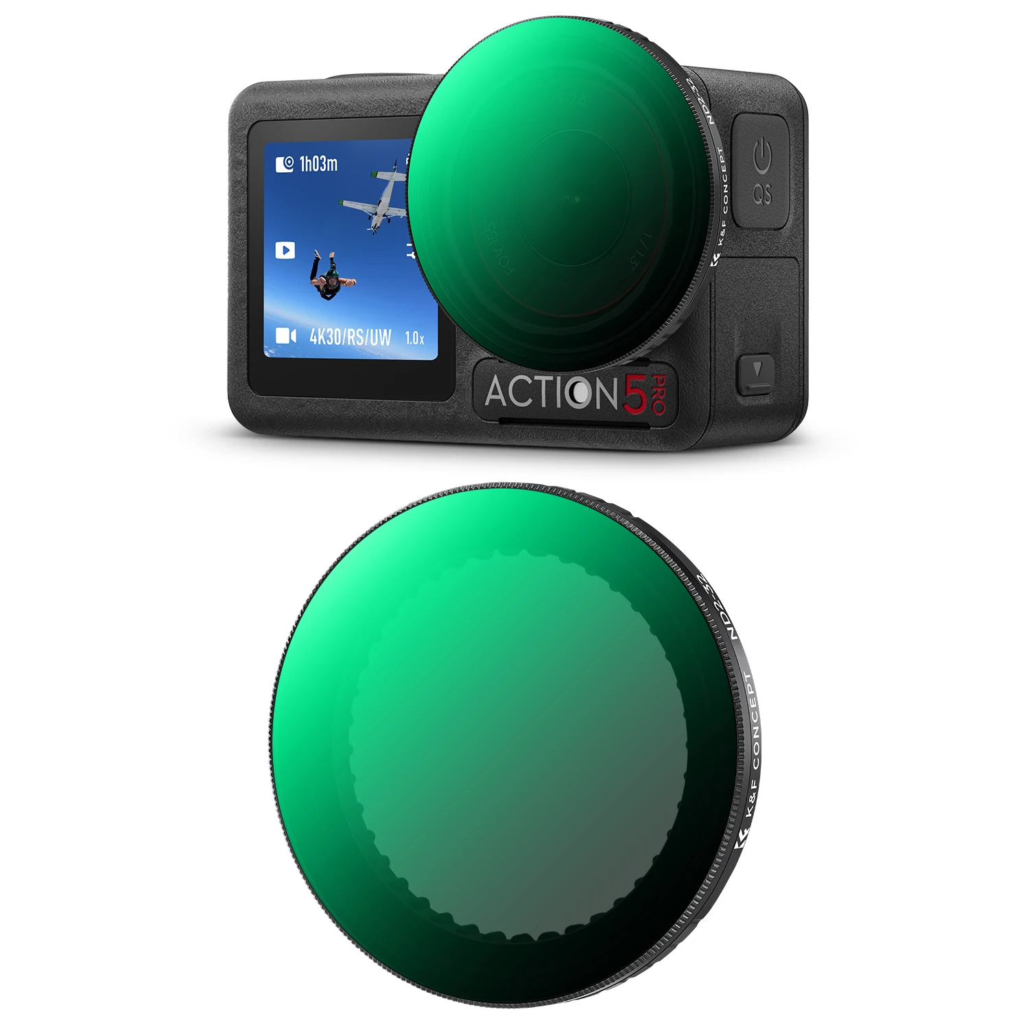 Kit Filtre ND2-32 Variable K&F Concept pour DJI Osmo Action 5 Pro / 4 / 3, incluant un étui de rangement et un chiffon de nettoyage.