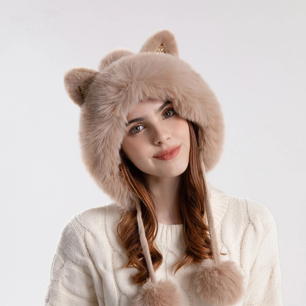 

Winter Cute Warm Knitted Hats for Women Cartoon Cat's Ears Two Balls Earflap Cap Plush Fluffy Thicken Warm Fur Beanie Hat Female