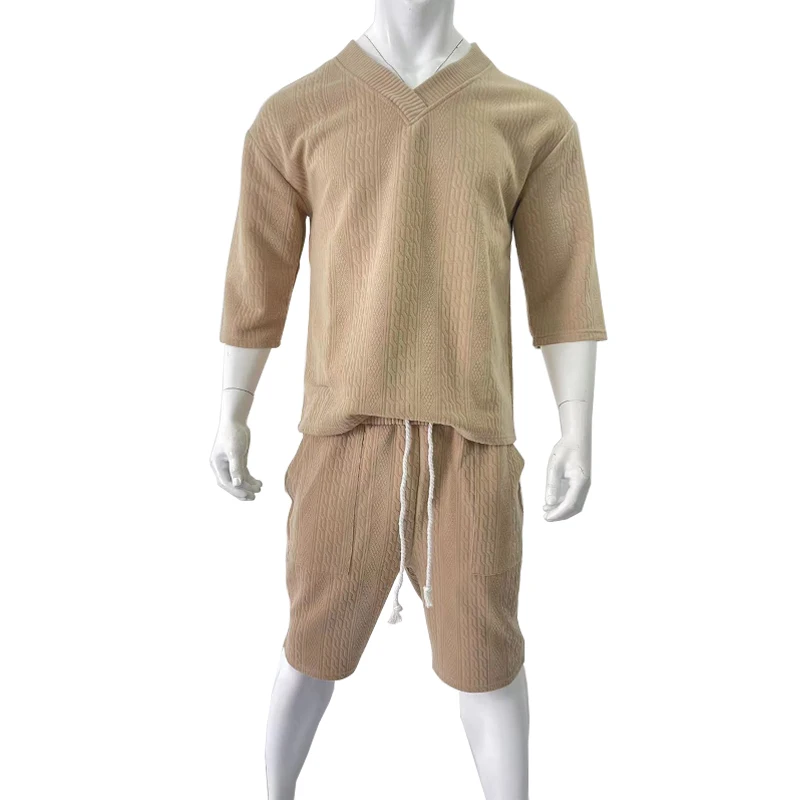 Summer Solid Shorts Suit for Men Simple Loose V-neck T-shirts and Drawstring Shorts 2 Pcs Sets Casual Soft Jacquard Tracksuit