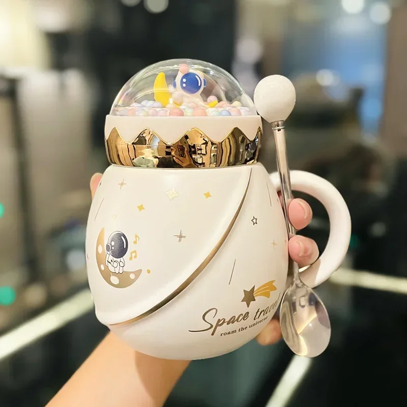 우주 비행사 시리즈 우주 머그잔, 커버 스푼 포함, 세라믹 커플 물컵, 소녀 선물 세트, 남자 친구 선물