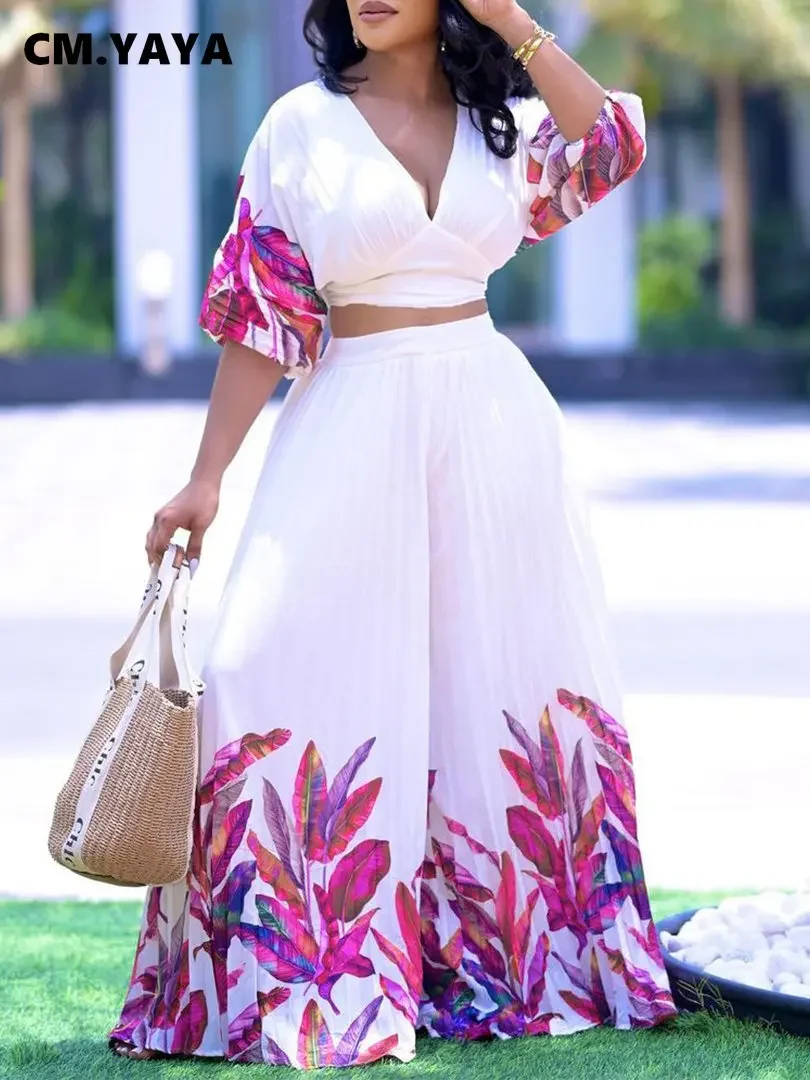 

Streetwear Leaf Printed Vintage Pleated Women 2 Piece Set Outfits Tunic V-neck Blouse and Wide Leg Skirt Pants Set 2024