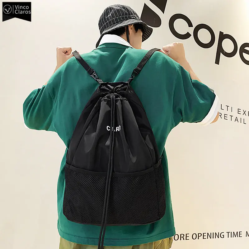 VC Trend Fashion Couple Drawstring Backpack Minimalist Design Personalized Banded Pocket Unisex Light Sport Backpack Schoolbag