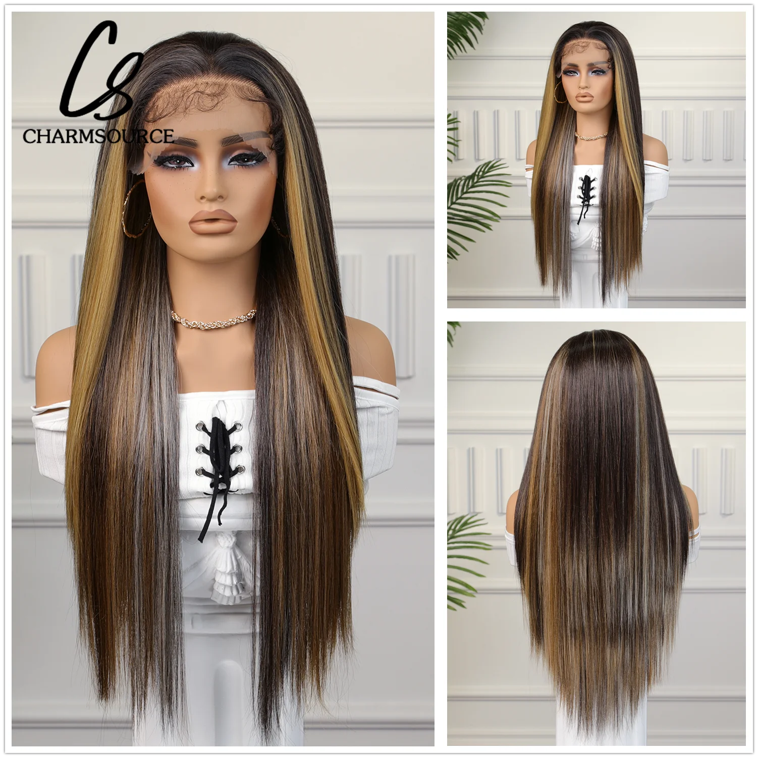13x4 Lace Front Wigs Brown Highlight Golden Synthetic Long Straight Wig with Baby Hair for Women Cosplay180 Density CharmSource