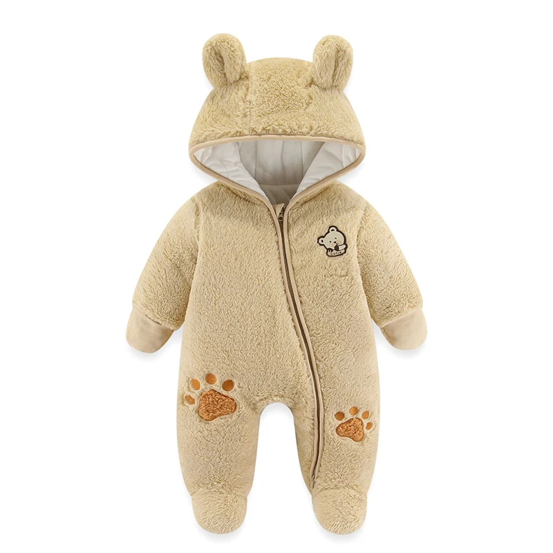 Cute Plush Bear Baby Romper Autumn Winter Keep Warm Hooded Infant Girl Overall Jumpsuit 3 6 9 12 Months Newborn Baby Boy Clothes baby jumpsuit