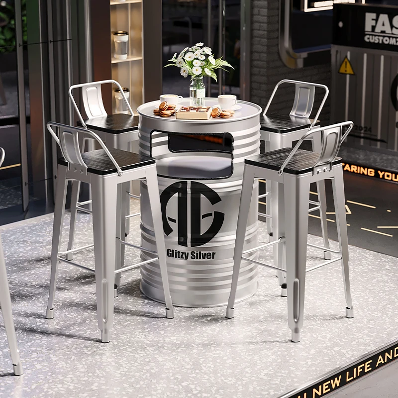 ‌Industrial Bar Table Set Metal Stool with Oil Drum Base for Cafe