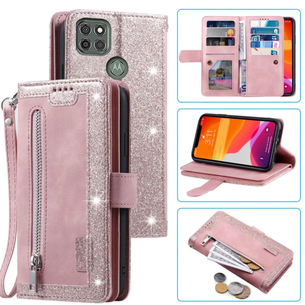 Elegant 9-Card Wallet Case with Zipper Flip Folio and Wrist Strap in Carnival Design
