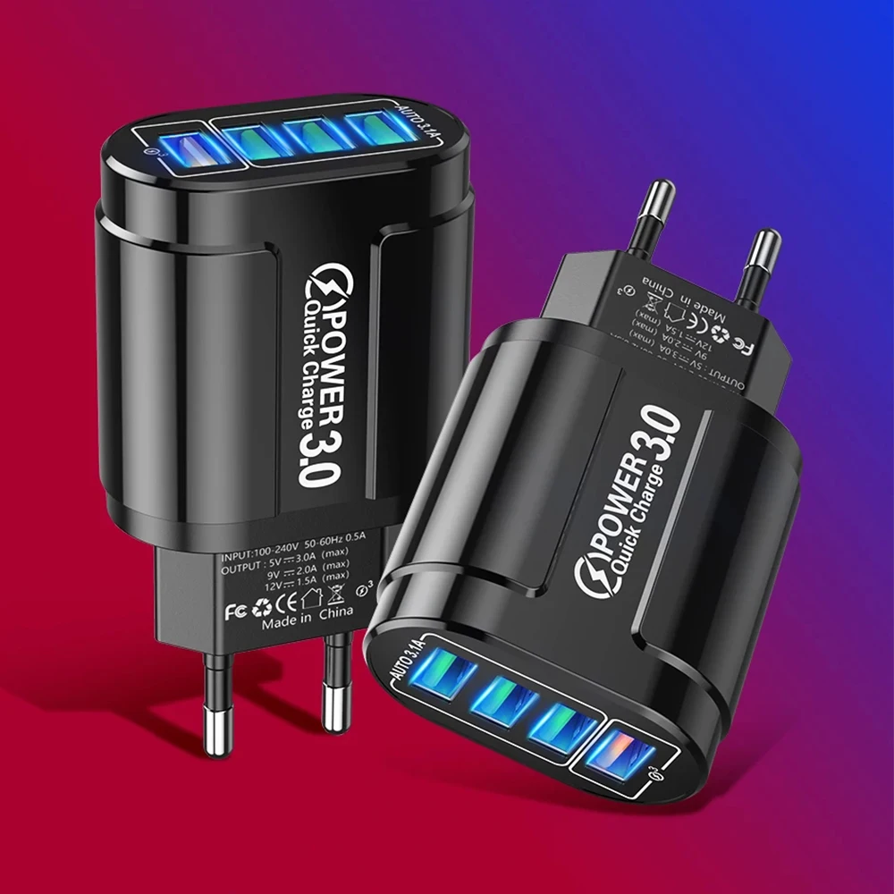 48W QC3.0 Quick Charger 4USB EU Standard Travel Portable 4 Port Fast Charging Suitable For Android iPhone Xiaomi Other Devices BEST SELLERS