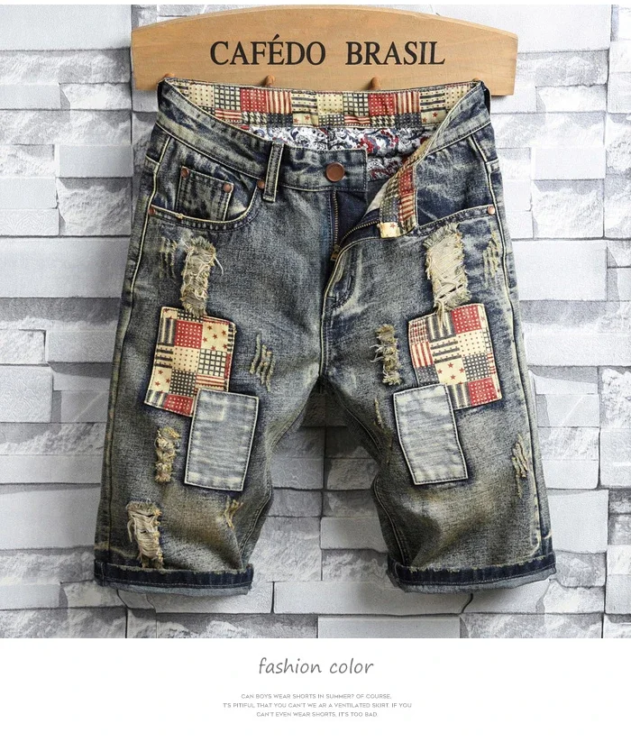Description Picture 2 of itemMen's Ripped Denim Shorts 2024 Summer New Fashion Retro Style Casual Hole Patch Jean Shorts Male Brand Clothes Brand
