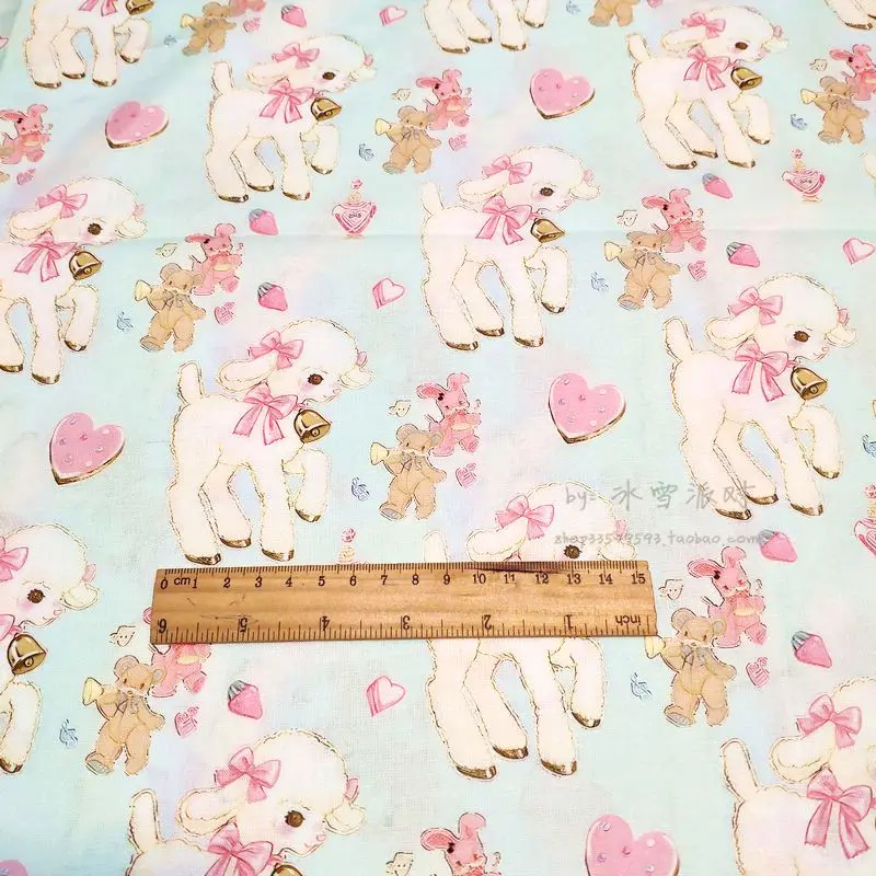 BB49-BTY 1 Yard Cotton Woven Fabric-Kawaii Cartoon Characters, Cute Japanese Showa Animals Little Lamb Mint