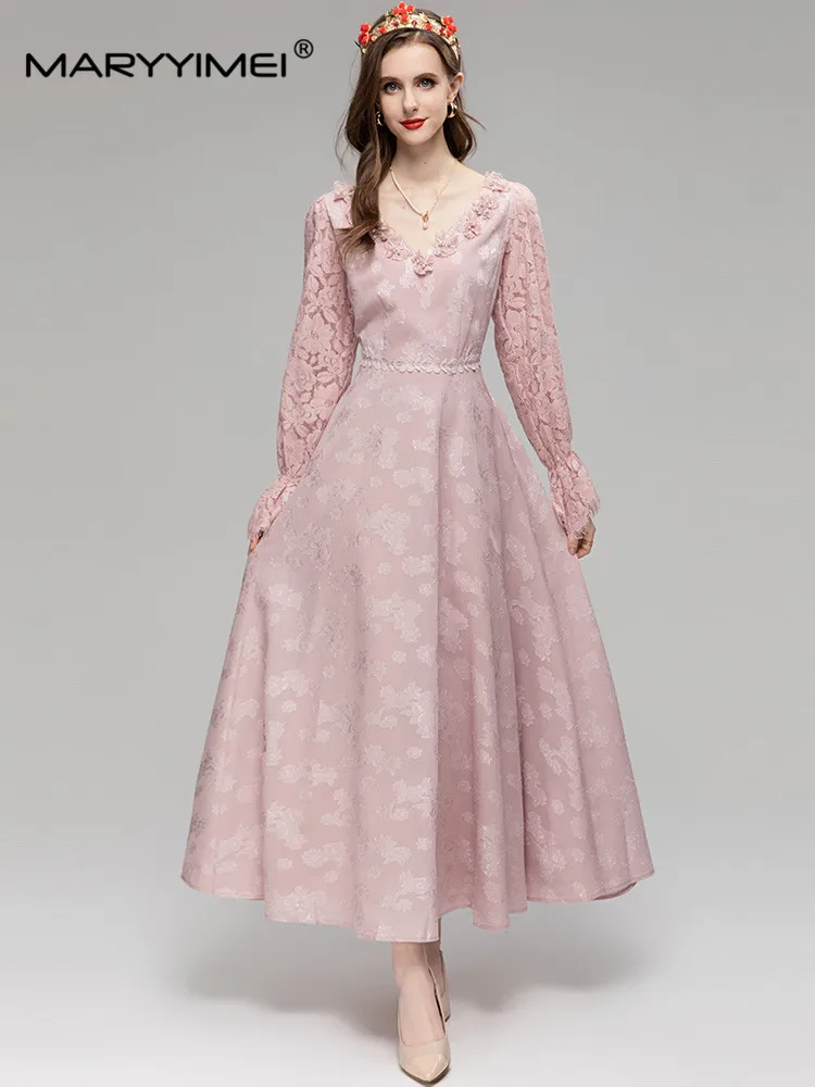 

MARYYIMEI New Autumn Elegant And Pretty Women's Pink dress Lantern Sleeve Flower Appliques Lace Beading V-Neck Slim Long Dresse