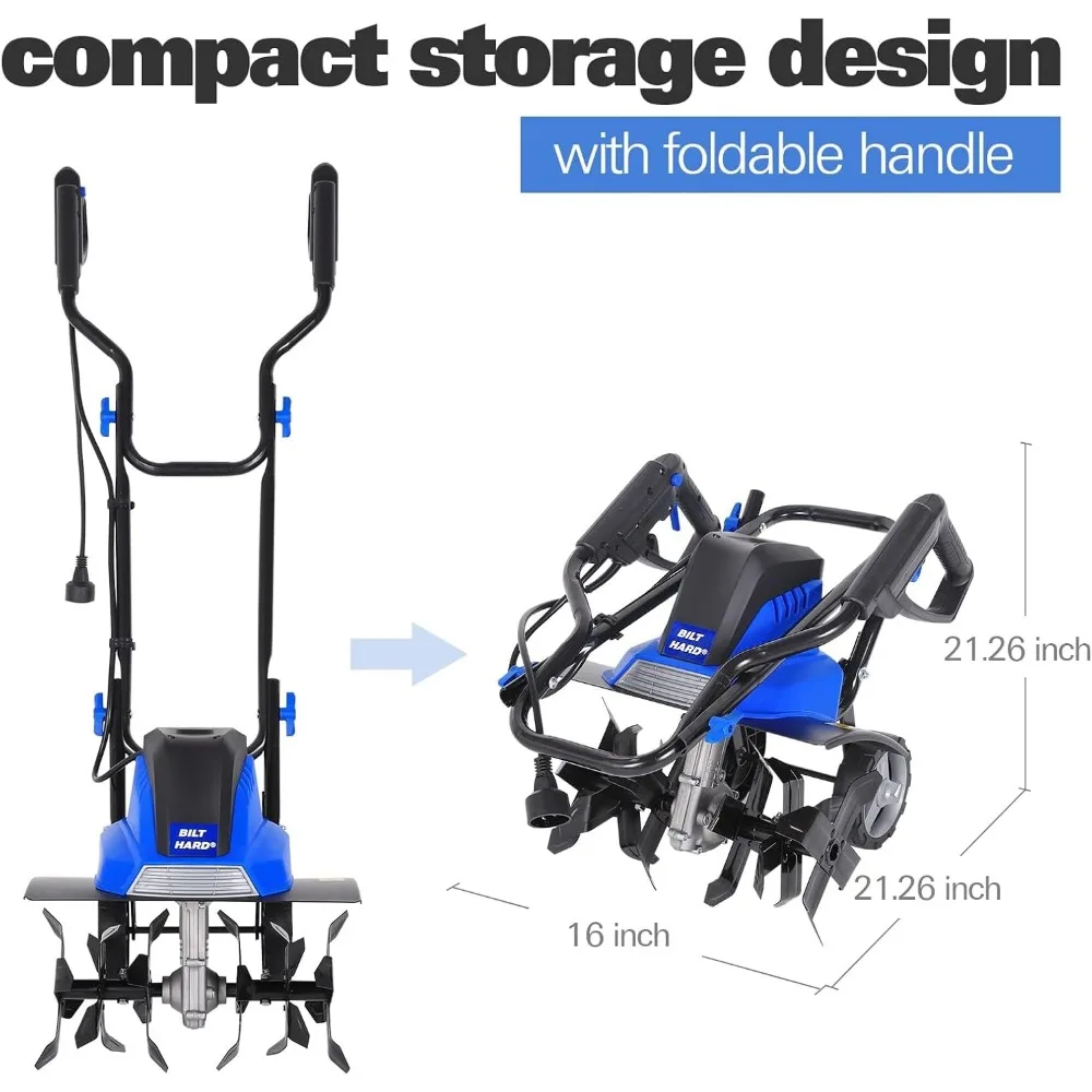 Electric Tiller Cultivator β 16-Inch, 13.5 Amp, 6 Steel Tines, Foldable Garden Rototiller with Adjustable Wheels 4