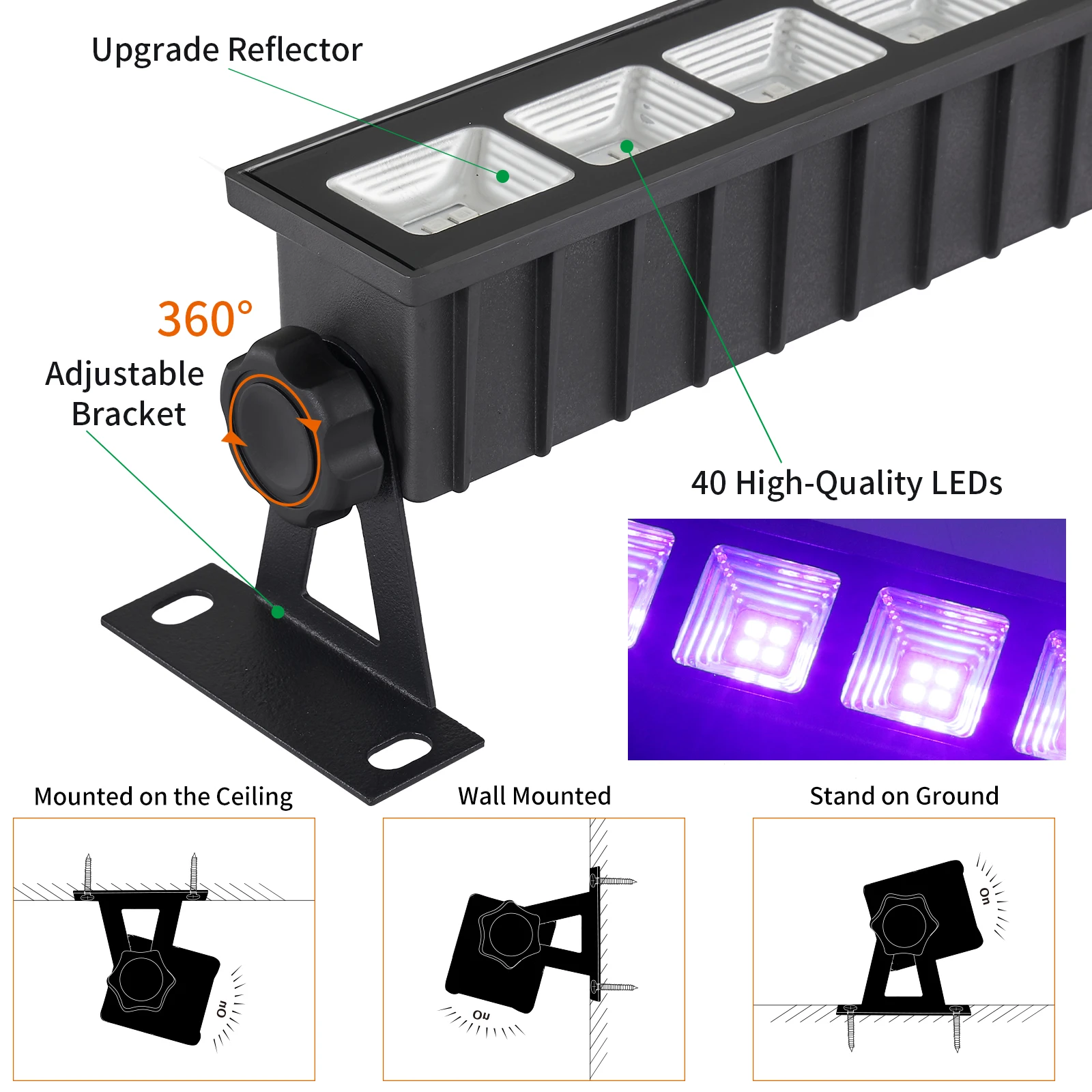 2PCS 40W UV Black Light,IP66 Waterproof Black Lights for apply fluorescent party stage lighting body paint Halloween decorations
