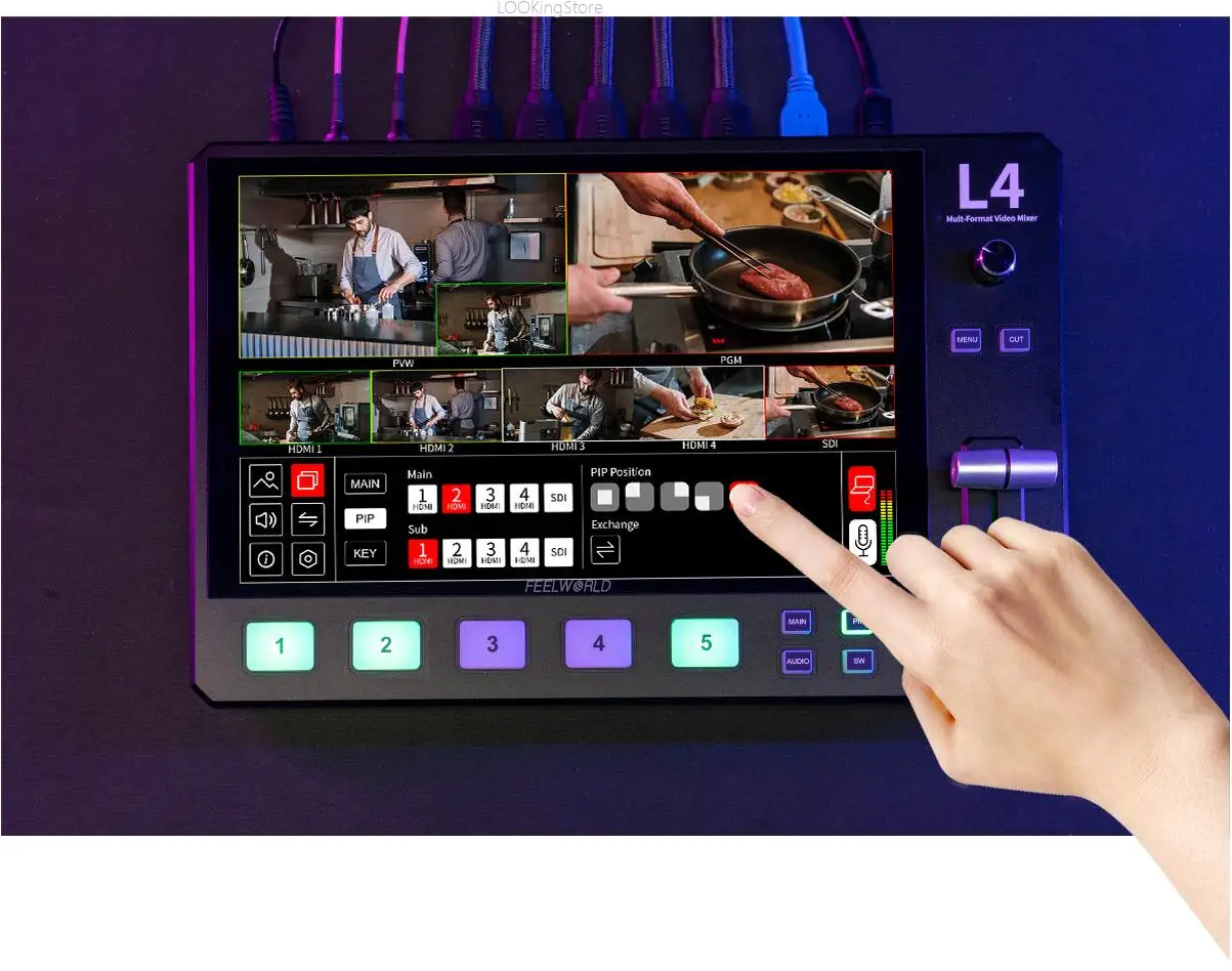 FEELWORLD 라이브 스트리밍용 L4 스위처, 10.1 인치 멀티 카메라 터치 스크린, USB3.0 고속 스트리밍, 비디오 믹서 스위처, 5 채널