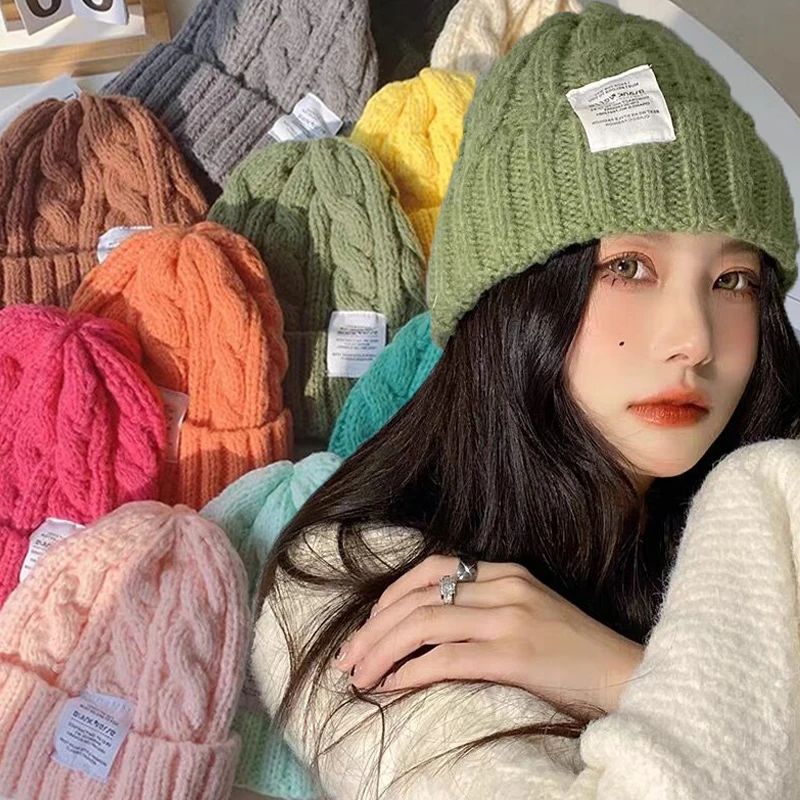 

Knitted Beanies Hat Women Girls Baggy Slouchy Solid Color Wool Cap Outdoor Winter Warm Snow Bonnet Hats Pompoms Streetwear