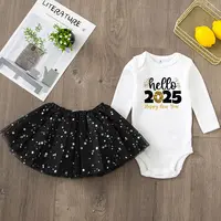 2 Piece Hello 2025 Print Baby Girls Romper Dress Set Happy New Year Girl Long Sleeve Bodysuit Tutu Skirt Infant Dresses Outfit 6