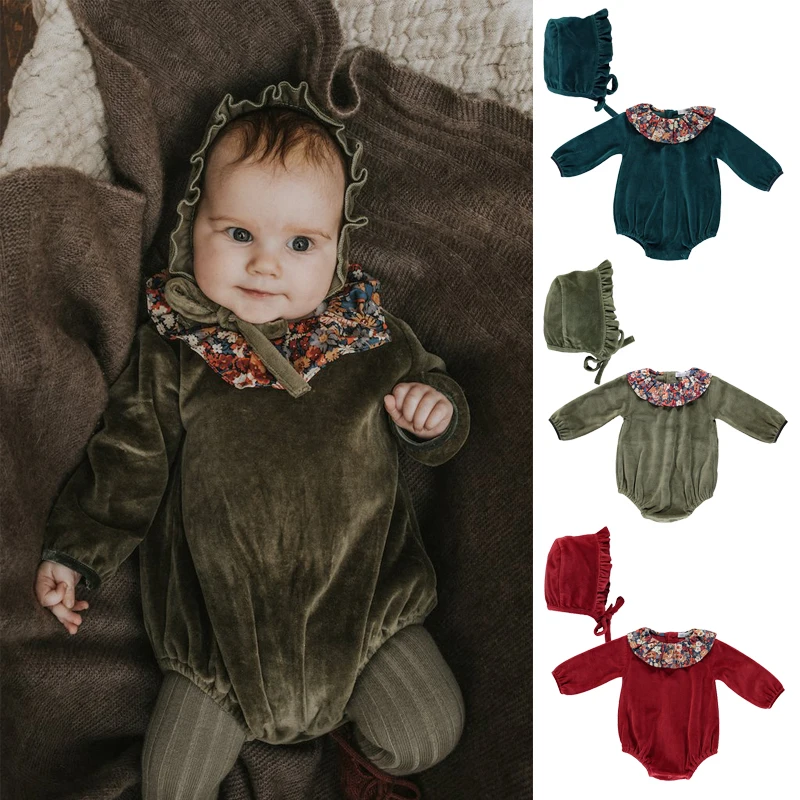 Autumn and winter New bebe-organic Kids Velvet Dress Newborn Birthday Party Velvet jumpsuit Children Long-sleeved dress Baby hat