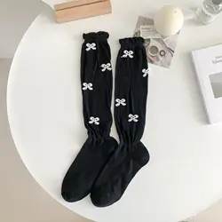 Women's Summer Ballet - Style Knitted Bow Socks - Breathable Micro Permeable Calf - Length with Bubble Top (Black)