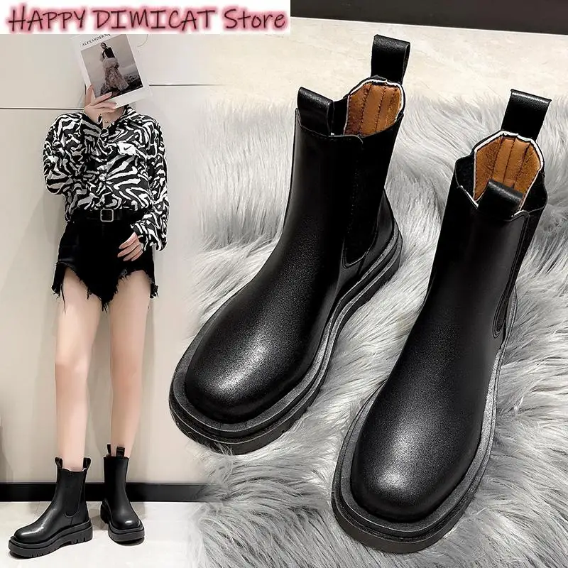 Women Winter Shoes PU Leather Chelsea Boots Chunky Boots Plush Ankle Boots Black Female Autumn Fashion Platform Booties