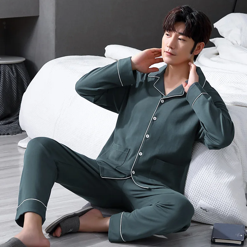 mens short pjs High Quality Cotton Pajamas For Couples 2 Piece Set 2020 Spring Home Clothes For Men Summer Long Sleeves Lady PJs Sleepwear Suit cotton pjs Pajama Sets