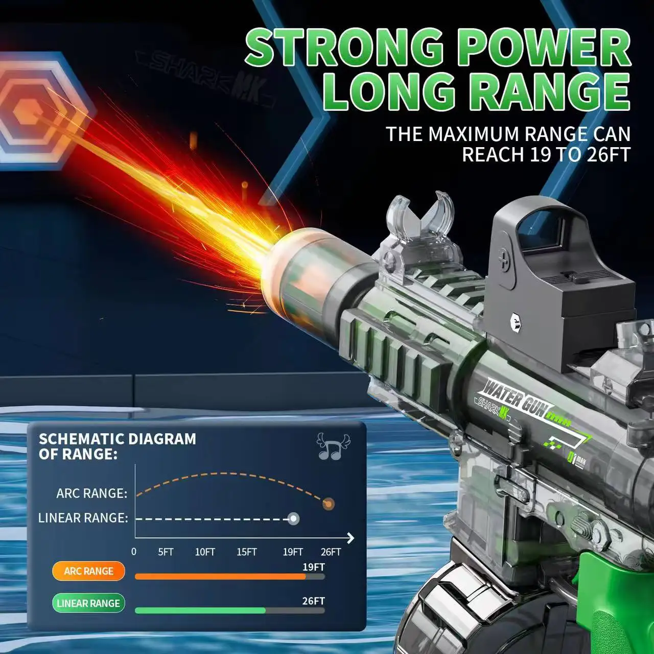 새로운 M416 전동 물총, 조명과 불꽃 효과, 연속 고압 고속 강력 분사, 야외 물총 장난감