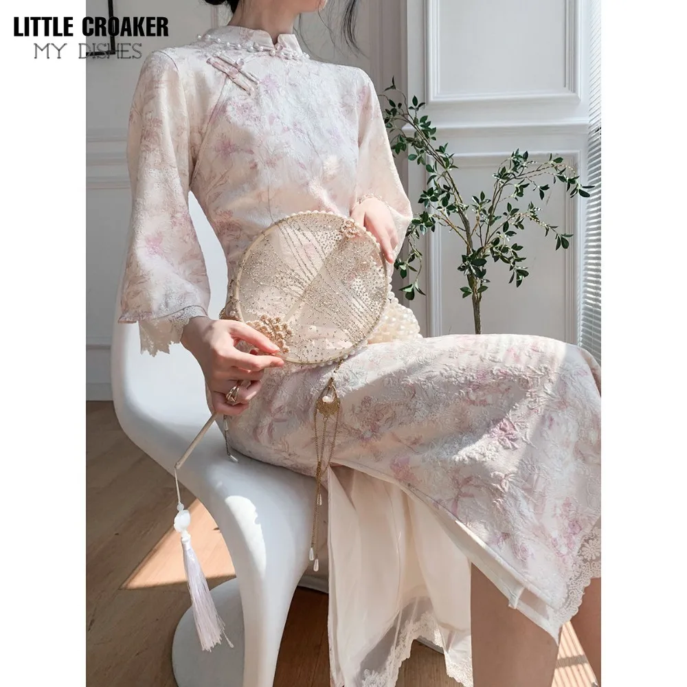 Women Qipao 2023 Spring Improved New Chinese Cheongsam Young Girl Pink Chinese Sweet First Love Chinoiserie Lace Dress