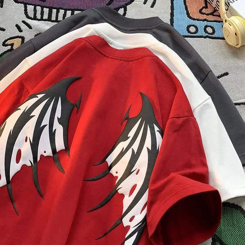 

Американская футболка в стиле хип-хоп с демоном летняя хлопковая Футболка Y2k Топ в стиле Хай-стрит Свободные парные готические топы с принтом и круглым вырезом для пар