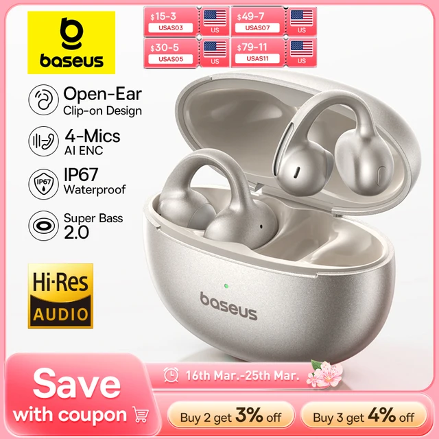 Baseus MC1 Pro Ear Clip Wireless Earphones Bluetooth 6.0 Hi-Res Ultra Open Earbuds earrings 4-Mic ENC Clip on ear buds Headphone
