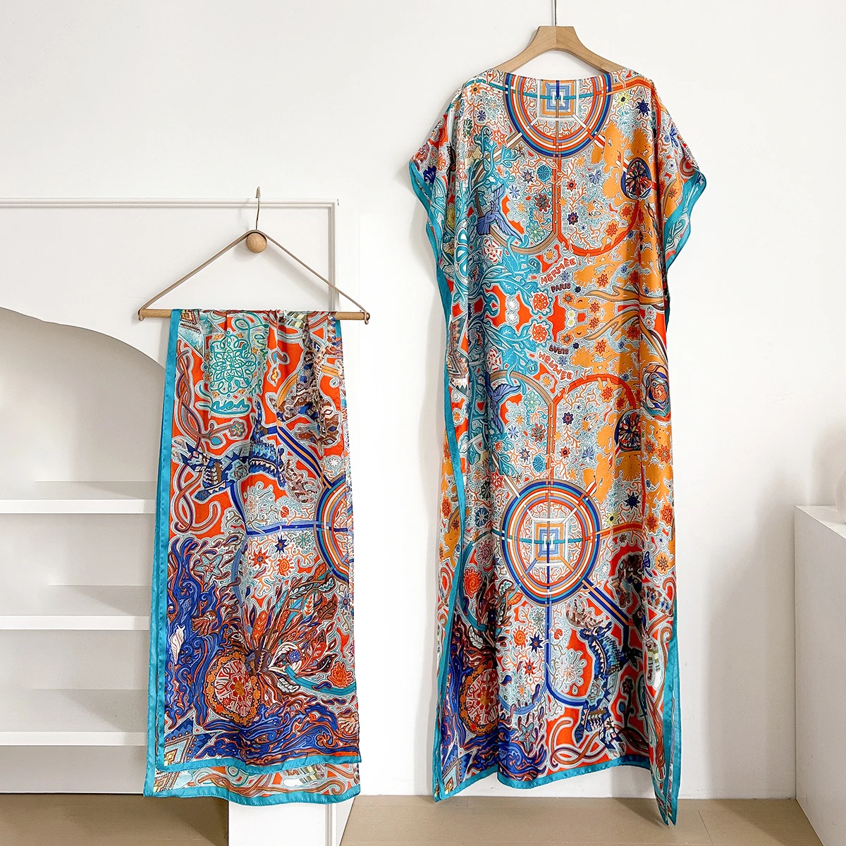 New African For Women Summer Sun protection Short Sleeve Cotton Dress Gold Stamping Loose Lady Maxi Print Dress With Big Scarf