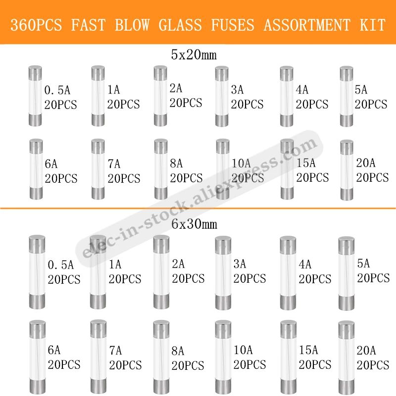 360pcs Fast Blow Glass Fuses Assortment Kit 5x20mm 6x30mm 250V 0.5A 1A 2A 3A 4A 5A 6A 8A 10A 15A 20A AMP Tube Fuse 5*20mm 6*30mm Glass Fuse Kit