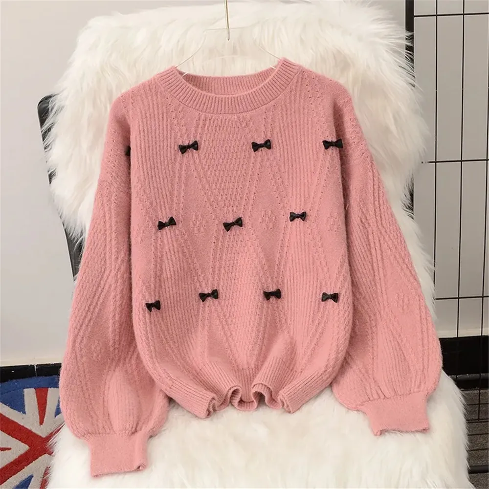 

Autumn Winter New Solid Color Fashion Long Sleeve Sweater Women High Street Casual Loose Bow Jacquard Weave All-Match Chic Tops