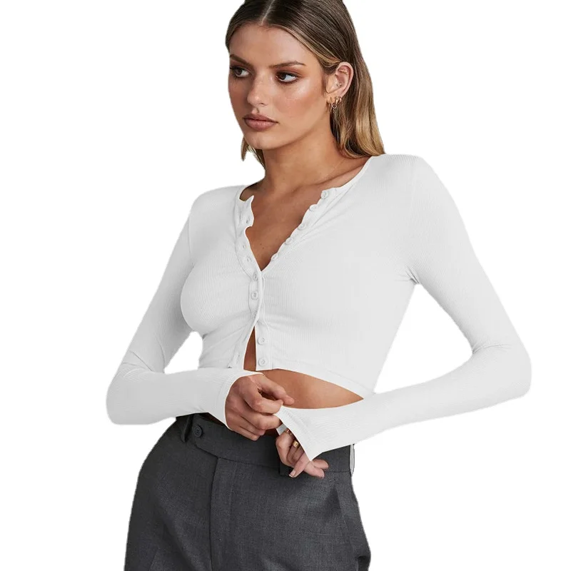 

Women Top Knitted Open Navel T-shirt Sexy Long Sleeve Top Short Long Sleeve Pit Spring Autumn 7 Colors