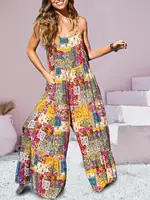 Women Casual Jumpsuits Fashion Overalls Female Loose Wide Leg Printed Button with Pockets - Image 5