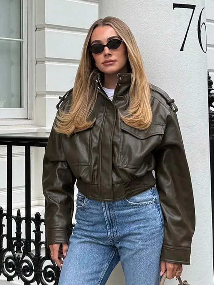 HH Women Large Front Pocket Faux Leather Jacket Turtleneck Long Sleeve Zipper Overcoat Jacket Autumn Casual Office Lady Outwear