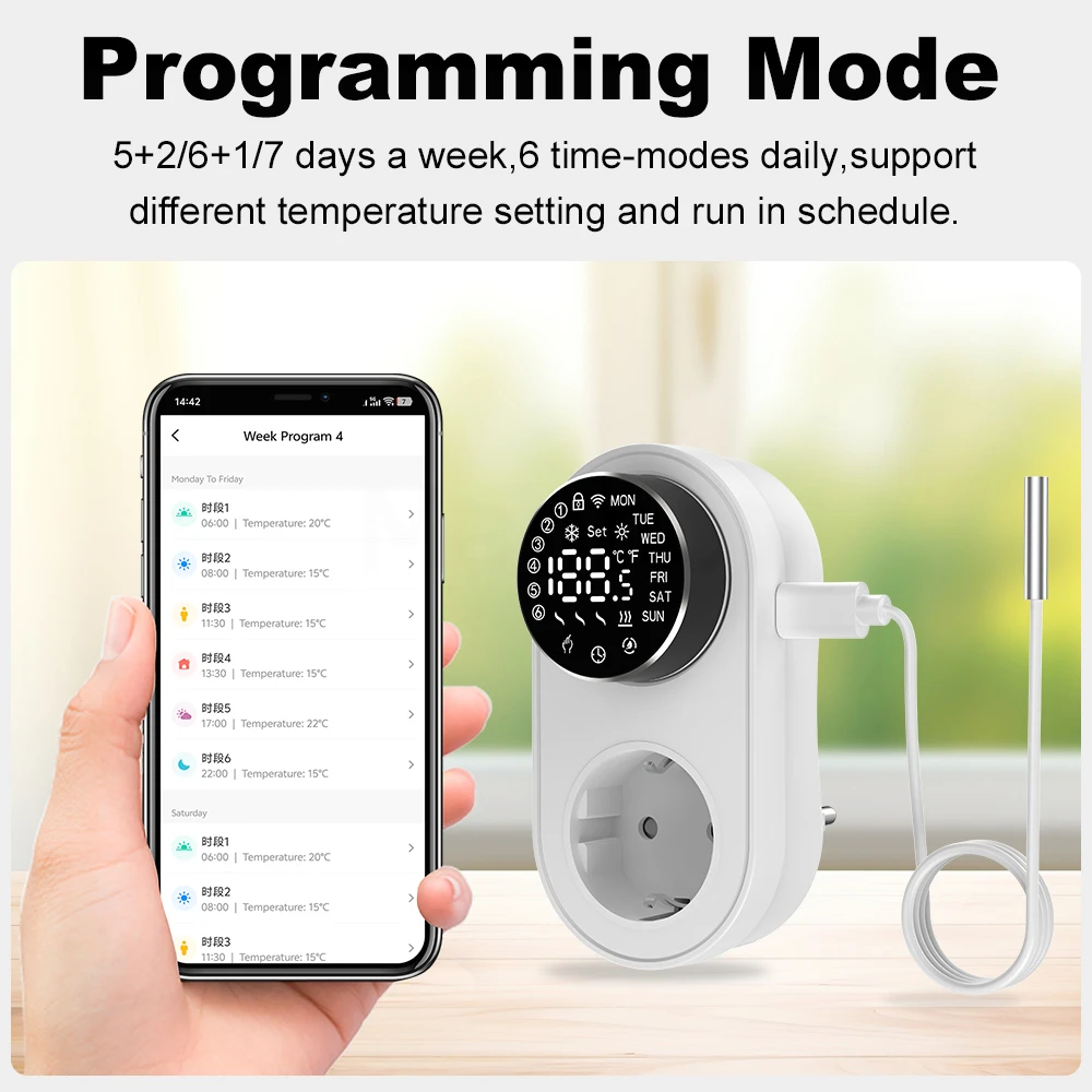 MANHOT Tuya 16A WiFi LED Thermostat Wireless Electric Plug-in Thermostat Socket Temperature Controller Voice Control For Alexa