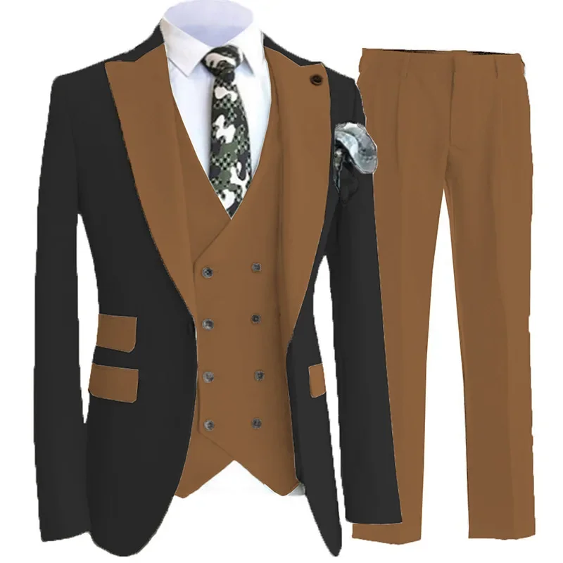 Men's Suit Brown 3 Pieces Slim Fitting Lapel Black Coat Suitable For Wedding Banquet Groom Wedding  Jacket Vest With Pants