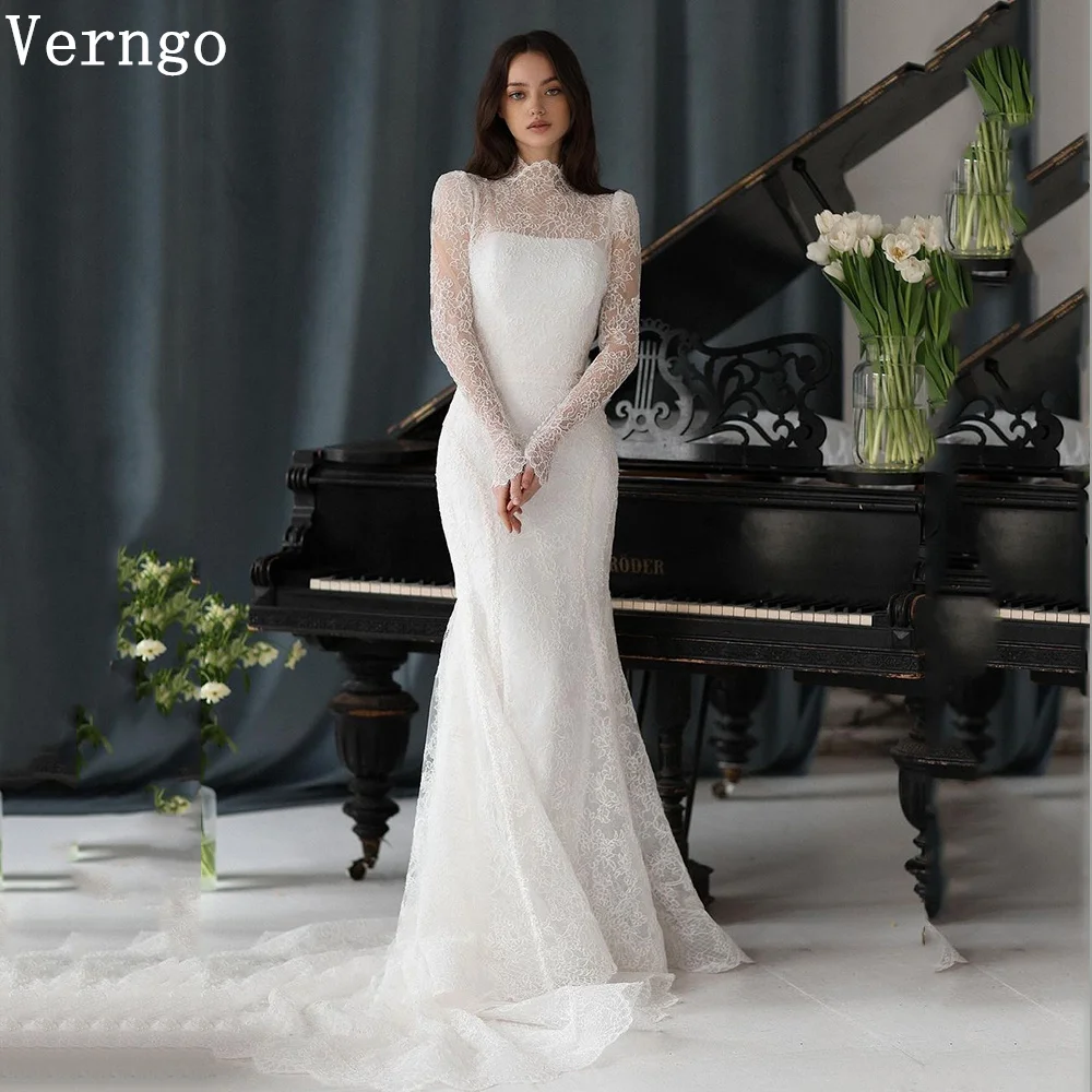 Verngo 레이스 웨딩 원피스 하이 O넥 긴팔 인어 신부 가운, 스윕 트레인, ..