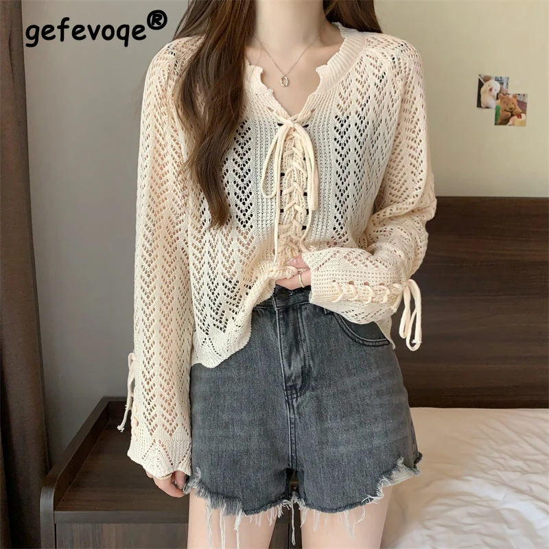 

Женская трикотажная футболка, однотонный пуловер с V-образным вырезом и длинным рукавом, с вырезами, на шнуровке, весна-лето 2024