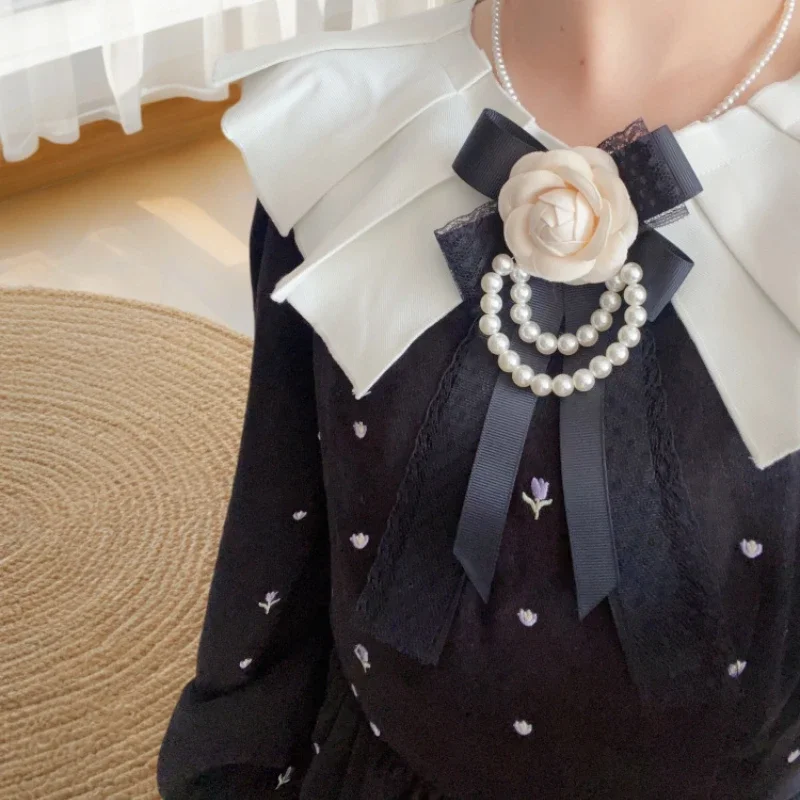 Bow Tie Women's Bow Tie Brooch White Camellia Pearl Chain Lace Ribbon Handmade Jewelry Korean College Style