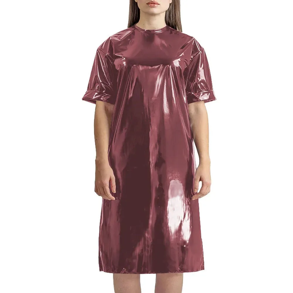 Plus Size Womens Loose Fitting T-shirt Dress Shiny PVC Leather Short Sleeve O-neck Over Knee Dress Punk Solid Color Long T-Shirt 6